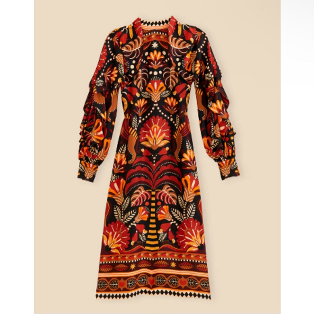 FARM Rio NWT S Red Nature Beauty Scarf Midi Backless Dress Black Long Sleeves